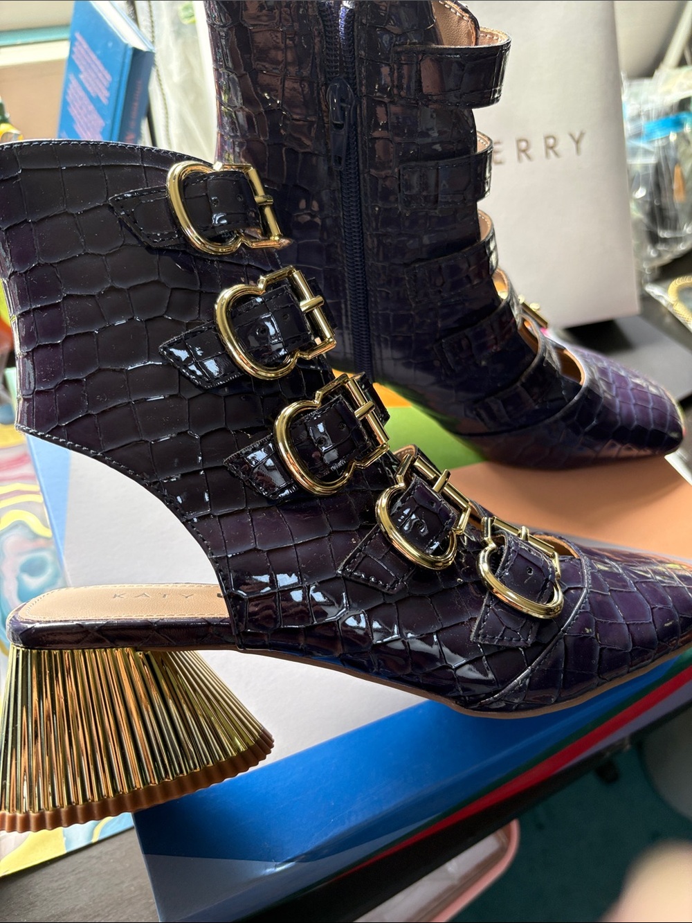 Katy Perry Collections Shiny Purple Croc Buckle Block Heels - Picture 3 of 8